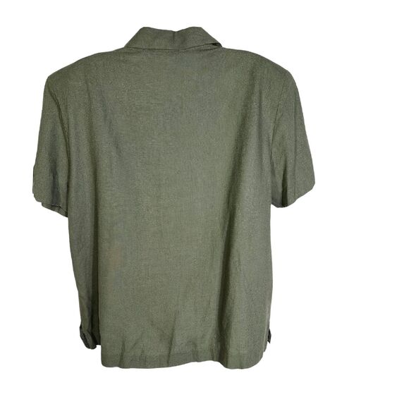 AKC Womens Top Large Green Linen Blend Embroidered Cocktails Tiki Button Pocket - Picture 2 of 10